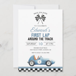 First Lap Blue Race Car 1st Birthday Invitation