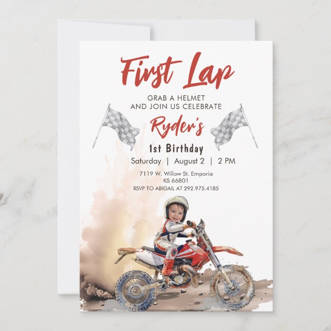 First Lap Little Racer 1st Birthday Photo Invitation (Front)
