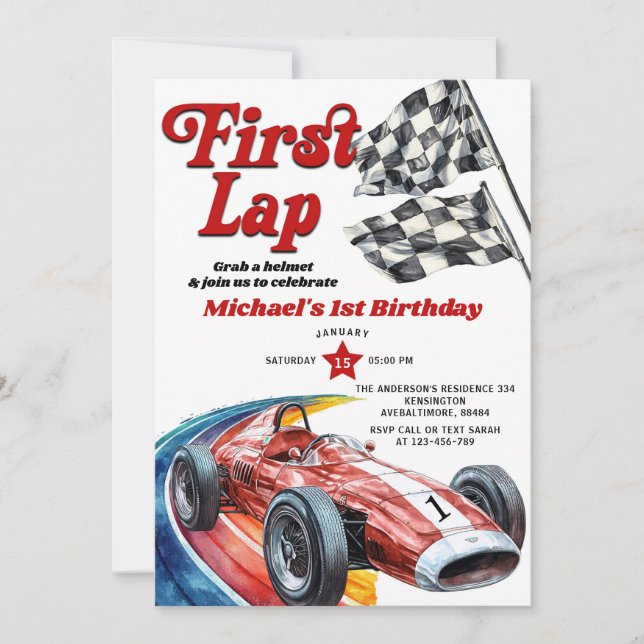 First Lap Vintage Red Race Car 1st Birthday Party Invitation (Front)