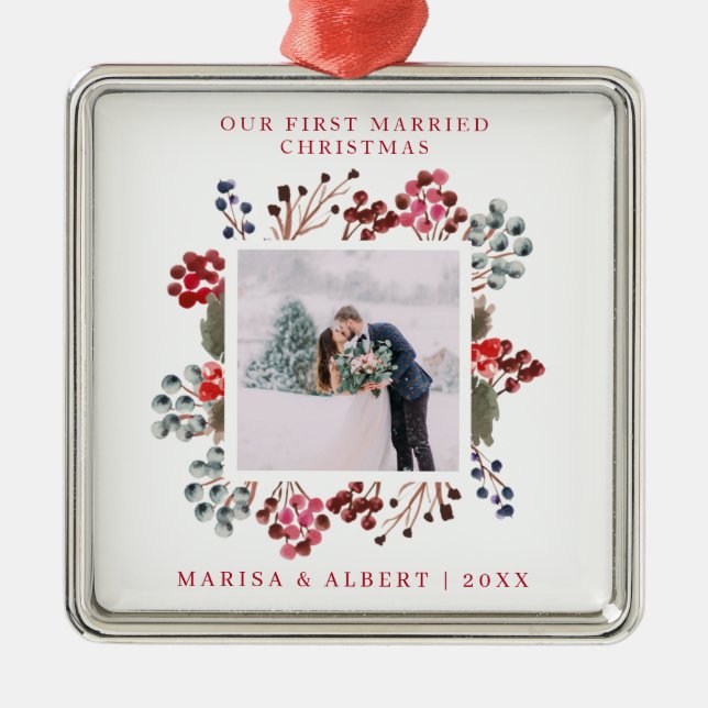First Married Christmas Berries Photo Metal Ornament (Front)