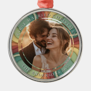 First Married Christmas Colourful Custom Photo Metal Ornament