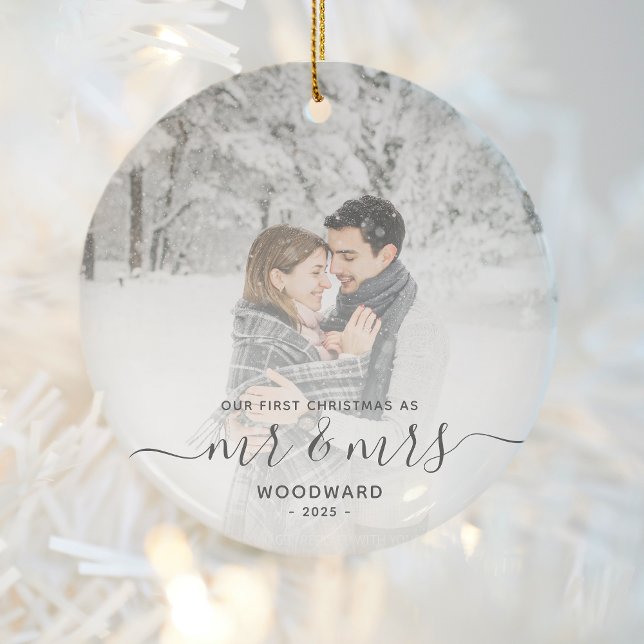 First Married Christmas Custom Photo Gray Script Ceramic Ornament (Creator Uploaded)