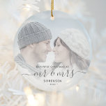 First Married Christmas Custom Photo Grey Script Ceramic Ornament<br><div class="desc">Commemorate the first Christmas of your marriage with this beautiful modern keepsake ornament. The charcoal grey text reads "Our first Christmas as Mr & Mrs, " with the words "Mr & Mrs" in elegant handwriting script with flourishes before and after. Replace the sample image with your favourite photo, and add...</div>