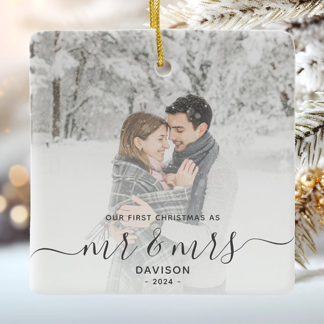 First Married Christmas Custom Photo Grey Script Ceramic Ornament (Creator Uploaded)