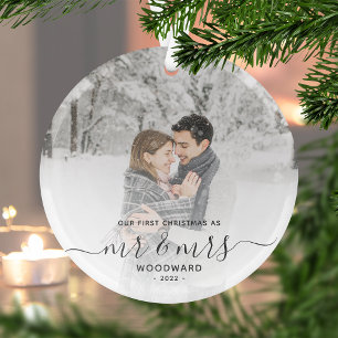 First Married Christmas Custom Photo Grey Script Glass Tree Decoration