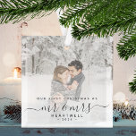 First Married Christmas Custom Photo Grey Script Glass Tree Decoration<br><div class="desc">Commemorate the first Christmas of your marriage with this beautiful modern keepsake ornament. The charcoal grey text reads "Our first Christmas as Mr & Mrs, " with the words "Mr & Mrs" in elegant handwriting script with flourishes before and after. Replace the sample image with your favourite photo, and add...</div>