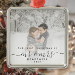First Married Christmas Custom Photo Grey Script Metal Ornament<br><div class="desc">Commemorate the first Christmas of your marriage with this beautiful modern keepsake ornament. The charcoal grey text reads "Our first Christmas as Mr & Mrs, " with the words "Mr & Mrs" in elegant handwriting script with flourishes before and after. Replace the sample image with your favourite photo, and add...</div>