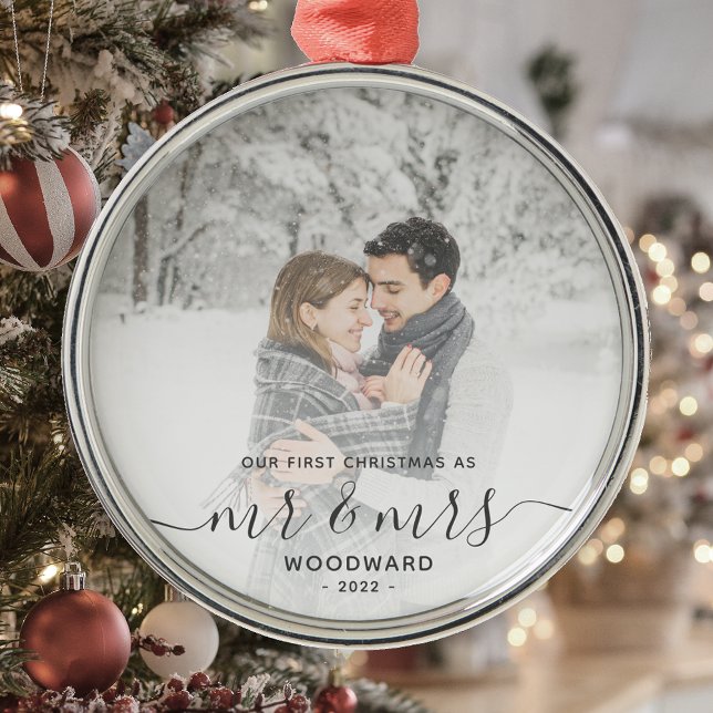 First Married Christmas Custom Photo Grey Script Metal Ornament (Creator Uploaded)