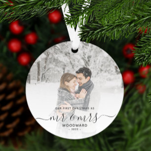 First Married Christmas Custom Photo Grey Script Metal Tree Decoration