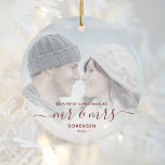 First Married Christmas Custom Photo Red Script Ceramic Ornament<br><div class="desc">Commemorate the first Christmas of your marriage with this beautiful modern keepsake ornament. The dark red text reads "Our first Christmas as Mr & Mrs, " with the words "Mr & Mrs" in elegant handwriting script with flourishes before and after. Replace the sample image with your favourite photo, and add...</div>