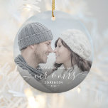 First Married Christmas Custom Photo White Script Ceramic Ornament<br><div class="desc">Commemorate the first Christmas of your marriage with this beautiful modern keepsake ornament. The white text reads "Our first Christmas as Mr & Mrs, " with the words "Mr & Mrs" in elegant handwriting script with flourishes before and after. Replace the sample image with your favourite photo, and add your...</div>