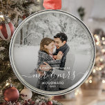 First Married Christmas Custom Photo White Script Metal Ornament<br><div class="desc">Commemorate the first Christmas of your marriage with this beautiful modern keepsake ornament. The white text reads "Our first Christmas as Mr & Mrs, " with the words "Mr & Mrs" in elegant handwriting script with flourishes before and after. Replace the sample image with your favorite photo, and add your...</div>