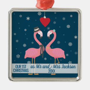 first married christmas flamingo with snowflakes metal ornament