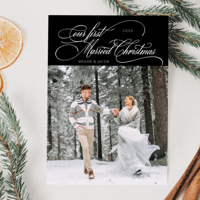 First Married Christmas Newlywed Photo Black Holiday Card (Creator Uploaded)