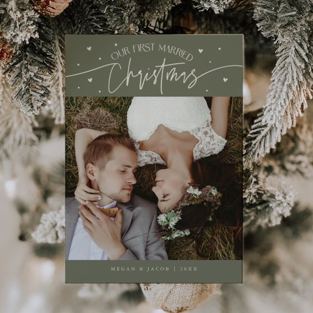 First Married Christmas Newlywed Photo Sage Green Holiday Card (Creator Uploaded)