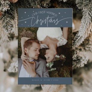 First Married Christmas Newlywed Photo Slate Blue Holiday Card