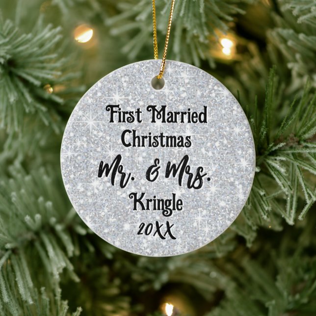First Married Christmas Personalised Wedding Date Ceramic Ornament (Tree)