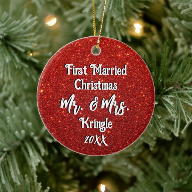 First Married Christmas Personalised Wedding Date Ceramic Ornament (Tree)