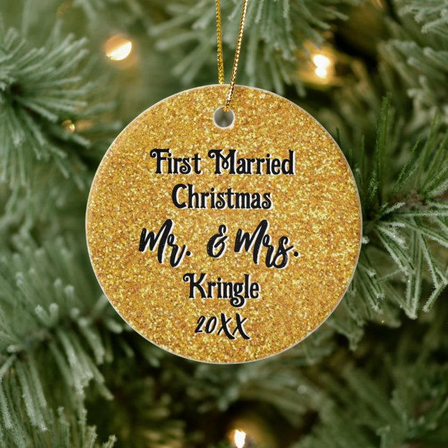 First Married Christmas Personalised Wedding Date Ceramic Ornament (Tree)