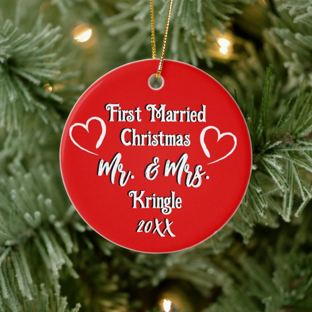 First Married Christmas Personalised Wedding Date Ceramic Ornament (Tree)