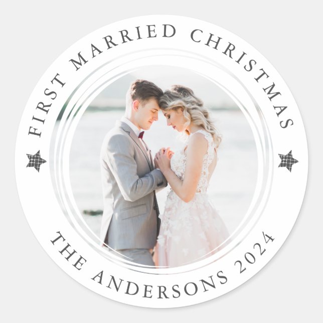 First Married Christmas Photo Classic Round Sticker (Front)