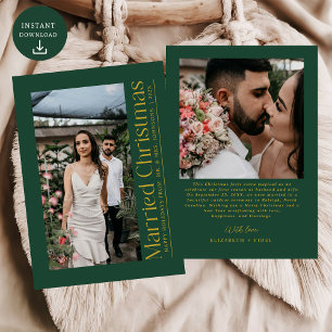 First Married Christmas Photo Newlyweds Green Gold Holiday Card