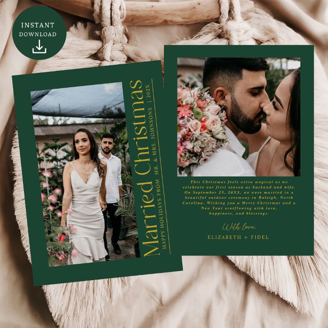 First Married Christmas Photo Newlyweds Green Gold Holiday Card (Creator Uploaded)