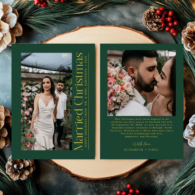 First Married Christmas Photo Newlyweds Green Gold Holiday Card (Creator Uploaded)
