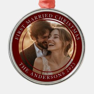 First Married Christmas Red Custom Photo Metal Ornament