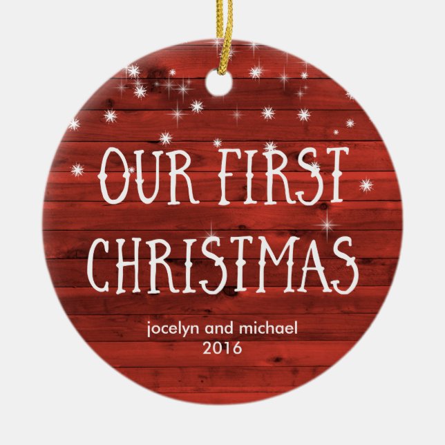 First Married Christmas | Rustic Red with Photo Ceramic Tree Decoration (Front)