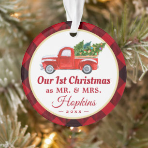 First Married Christmas Truck Red Plaid Photo Ornament