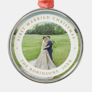 First Married Christmas with Custom Photo Metal Ornament
