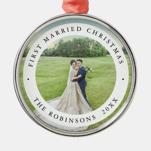 First Married Christmas with Custom Photo Metal Ornament (Front)