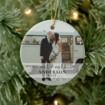 First Married Mr and Mrs Wedding Photo Christmas Ceramic Ornament<br><div class="desc">Modern First Christmas Married Mr and Mrs Script Wedding Photo Ceramic Ornament</div>