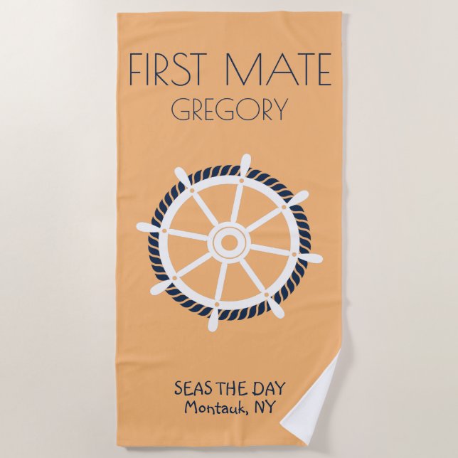 First Mate Nautical Boat Name Custom Ship Wheel Beach Towel (Front)