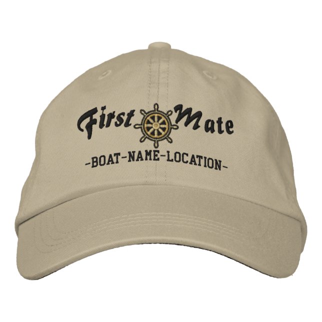 FIRST MATE Wheel Customisable Boat Name Your Name Embroidered Hat (Front)