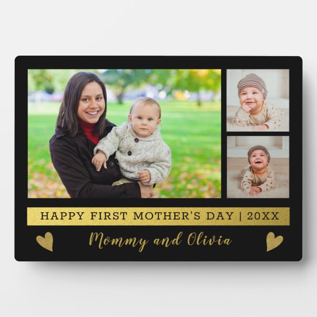 First Mother's Day 3 Photo Collage Black And Gold Plaque (Front)