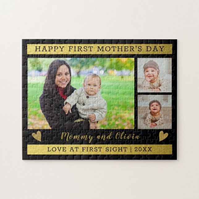 First Mothers Day 3 Photo Collage Black Gold Jigsaw Puzzle (Horizontal)