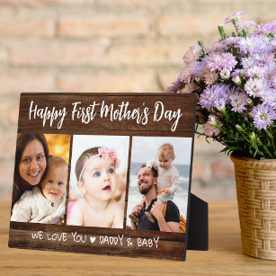 First Mother's Day 3 Photo Collage  Dark Wood Plaque