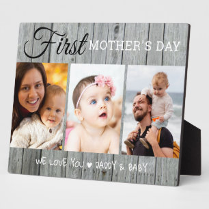 First Mother's Day 3 Photo Collage  Grey Wood   Plaque