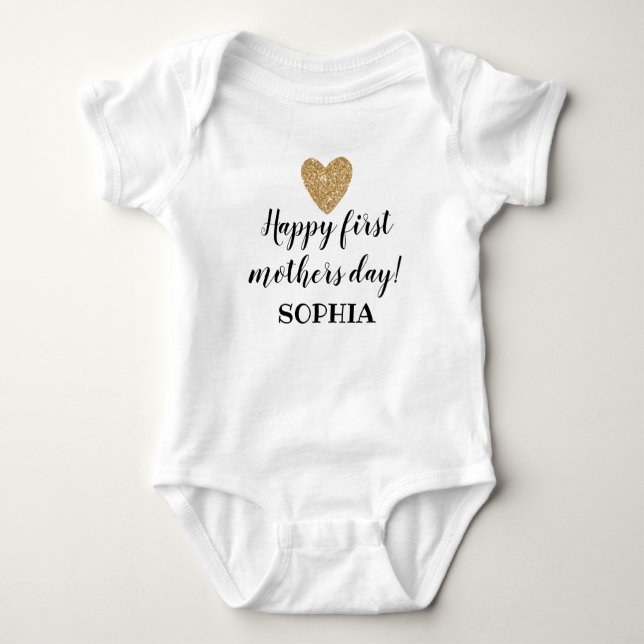 First Mothers Day Baby Girl Heart Gold Glitter Baby Bodysuit (Front)