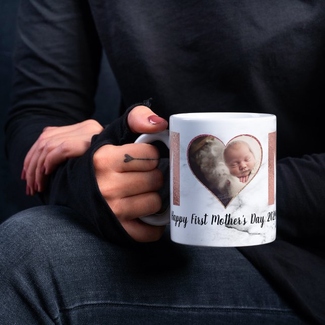 First Mother's Day Baby Photo Rose Gold Heart Coffee Mug (First Mother's Day: Baby's Photo & Mom - Forever Love 💕)