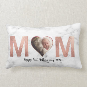 First Mother's Day Baby Photo Rose Gold Heart Lumbar Cushion