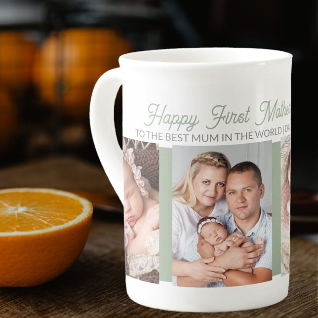 First Mother's Day Best Mum 4 Photo Sage Green Bone China Mug (First Mother's Day 4 Photo Collage Mug for Mum in sage green and grey)