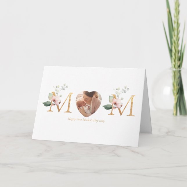 First Mother's Day Botanical Gold Letters Photo Card (Front)
