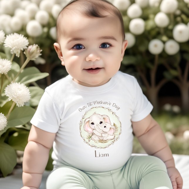 First Mother's Day Boy Elephant Personalised Name Baby T-Shirt (First Mother's Day Boy Elephant Personalized Name Baby T-Shirt)