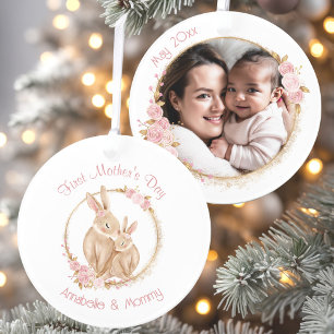 First Mother's Day Cute Bunnies Baby Girl Photo Ornament