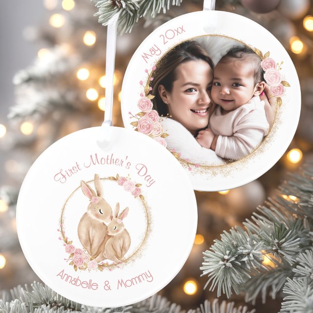First Mother's Day Cute Bunnies Baby Girl Photo Ornament (First Mother's Day Cute Bunnies Baby Girl Photo Ornament)