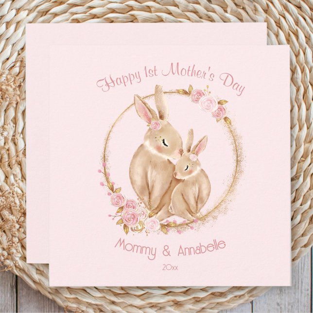 First Mother's Day Cute Bunny Girl Floral Pink Card (First Mother's Day Cute Bunny Girl Floral Pink Card)