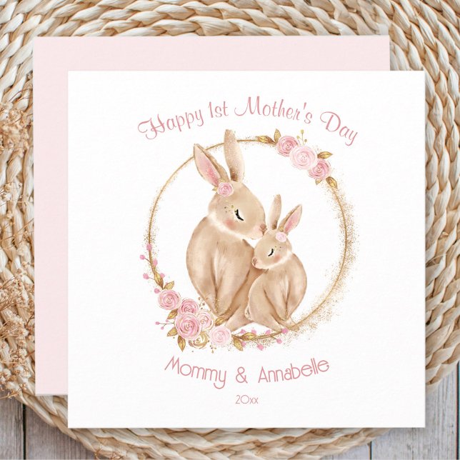 First Mother's Day Cute Bunny Girl White Pink Card (First Mother's Day Cute Bunny Girl White Pink Card)
